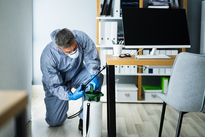 man spraying desk for bugs