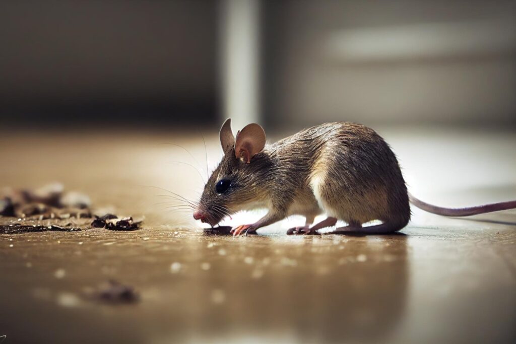 A small brown mouse with large ears is on a smooth, light-colored floor, sniffing near scattered crumbs. The background is softly blurred.
