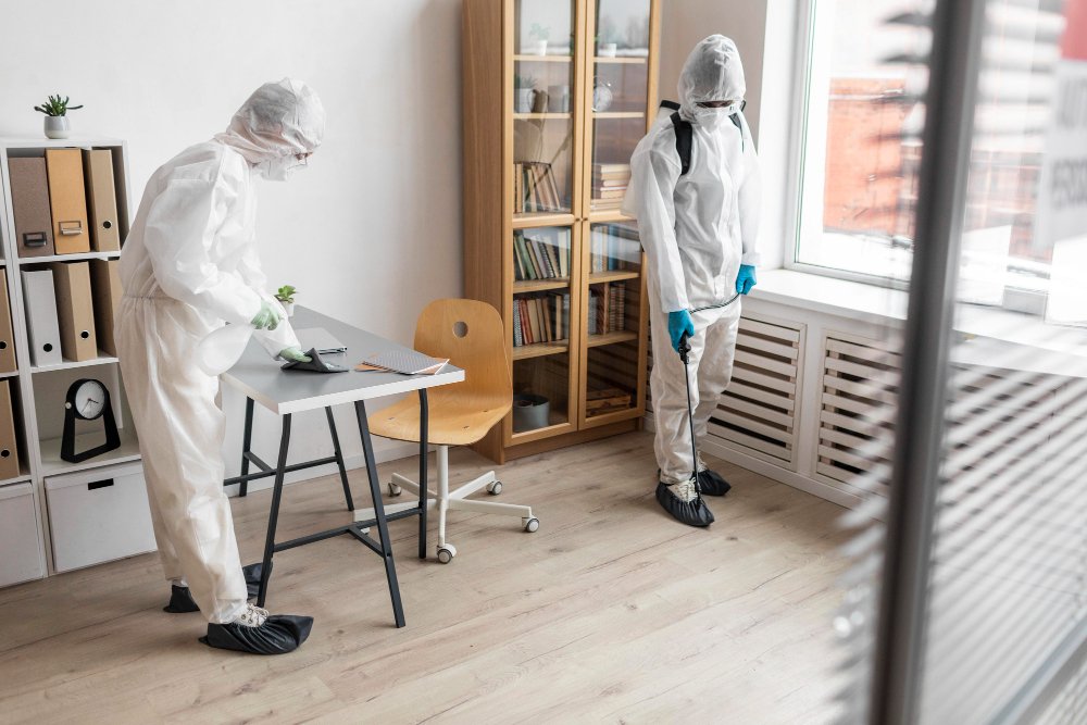two people spraying the inside of a home for pests